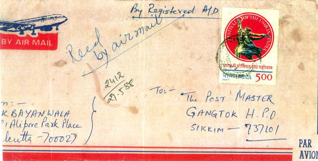Airmail Envelope returned from Gangtok PM