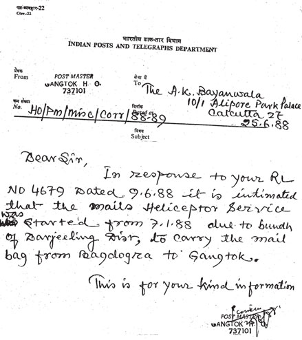 Letter from Gangtok Postmaster 